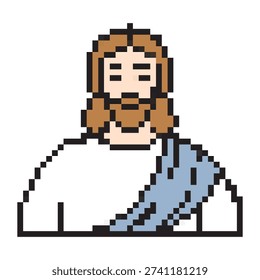 Pixel art Jesus Christ vector icon. Retro 8-bit Easter religious avatar. Holy savior portrait in white robe with blue sash.