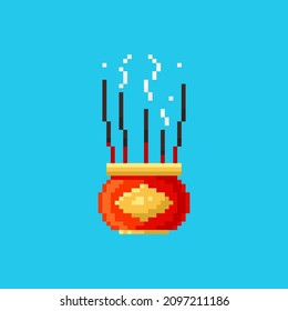 Pixel art joss sticks icon. Vector 8 bit style illustration of asian religious incense sticks. Isolated red and gold holiday chinese decorative traditional element of retro video game graphic.