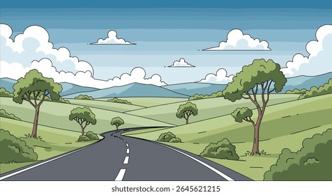 Pixel art journey through rolling green hills under a cloudy sky