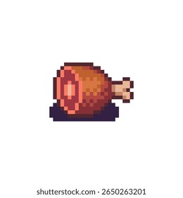 Pixel art van een sappig geroosterd vlees poot of kip drumstick, voedsel item voor retro-stijl games, inventaris pictogrammen, of gezondheid pick-ups.
