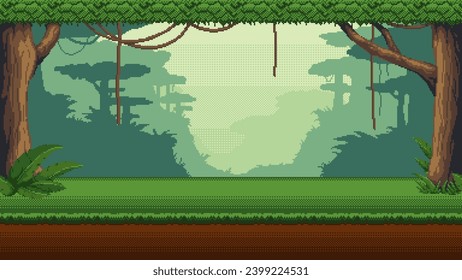 Ubicación del juego de la selva de arte de Pixel. Fondo vectorial de la selva tropical sin foco.