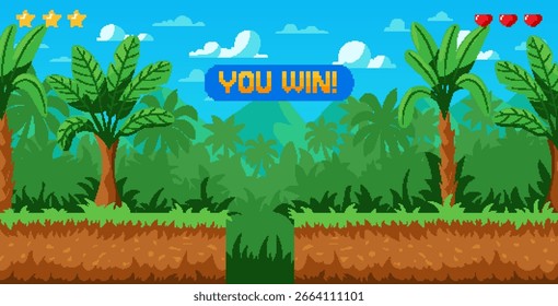 Pixel art jungle. Game level. 8 bit retro landscape with tree and grass. Cartoon tropical forest world. 2D gaming screen. Arcade level template. Computer winner award. Vector garish pixelated scene