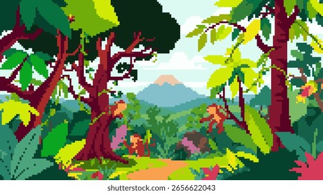 Uma cena de selva pixel art com macacos brincando e uma vista distante da montanha.