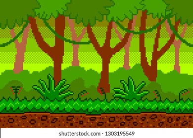 Pixel art jungle seamless background. detailed colorful vector illustration