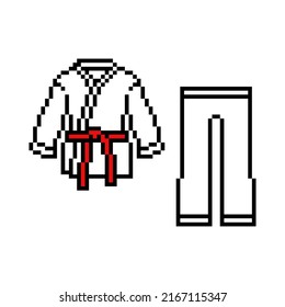 Pixel art karate costume (kimono and pants) isolated on white background. Set of 8 bit martial arts uniform. Old school retro 80's- 90's slot machine, computer, video game graphics. Sensei clothes.