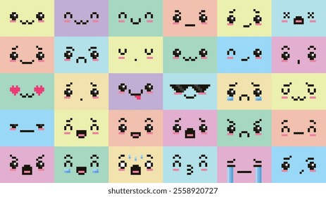 Pixel art kawaii faces. Cute pixelated facial expressions, uwu face, surprised eyes, sad crying and happy smiling pixels. Retro 8 bit gaming or anime emotions vector icons set.