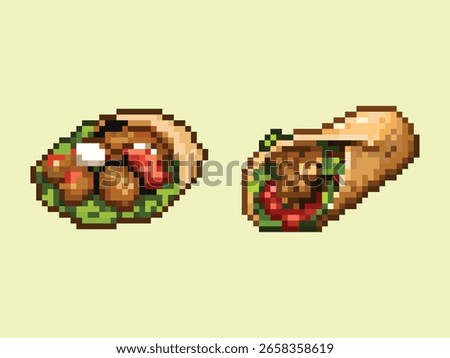 Pixel Art Kebab and Falafel Wrap Set. A set of two pixel art illustrations of a Middle Eastern or Mediterranean wrap, such as a kebab, shawarma, or falafel wrap.