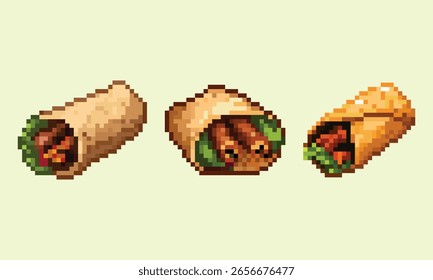 Pixel Art Kebab y Shawarma Wrap Set. Una colección de ilustraciones de arte de tres píxeles de un kebab, shawarma o envoltura de estilo burrito.