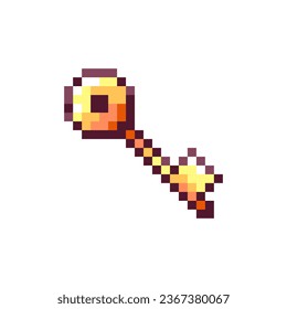 Pixel Art Key Icon. 8bit Retro Game Door or Chest Golden Key Sticker. Vintage 80s, 90s Arcade Video Game Style Element for Game Asset or Sprite, Interface Symbol, or decorative pattern.