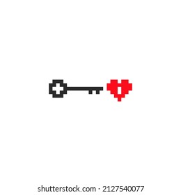 Ilustración clave de arte de píxeles. Tecla de píxel vectorial del corazón en estilo de juego retro de mosaico pixelado. Decoración vintage de 8 bits para el día de San Valentín. Icono aislado de la tecla de corazón de píxeles sobre fondo blanco.