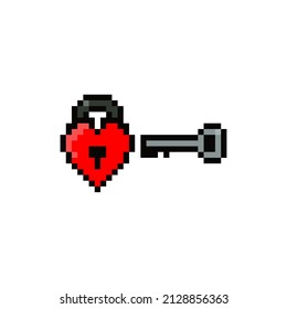 Pixel art key illustration. Vector pixel key from heart in pixelated mosaic retro game style. 8 bit vintage decor for valentine day. Pixel heart key isolated icon on white background.