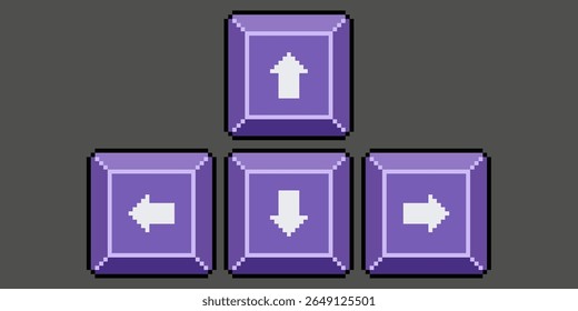 Pixel art keyboard arrow keys. Keyboard play keys vector icon for 8bit game on dark background 