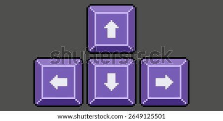 Pixel art keyboard arrow keys. Keyboard play keys vector icon for 8bit game on dark background 