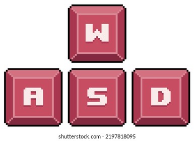 Pixel art keys w,a,s,d. computer keys vector icon for 8bit game on white background 