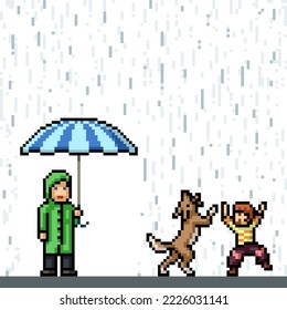 pixel art of kid enjoy rain