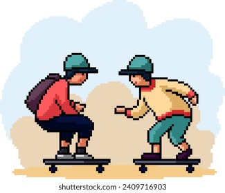 pixel art of kid play skateboard