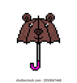 Icono de paraguas de forma de oso de niños de arte píxeles aislado en fondo blanco. La parasol de los niños de animales es divertida. Accesorio de clima lluvioso. Vintage retro 80s, 90s 2d computer, video game, slot machine graphics.