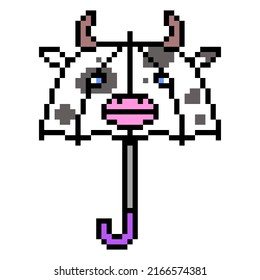 Pixel Art Kids' Cow Shape Umbrella Icon Isolated On White Background. Funny Animal Childrens' Parasol. Rainy Weather Accessory. Vintage Retro 80's-90's Slot Machine, 2d Video Game Graphics.