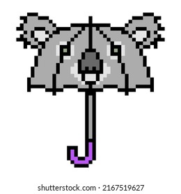 Pixel Art Kids' Koala Bear Shape Umbrella Icon Isolated On White Background. Funny Animal Childrens' Parasol. Rainy Weather Accessory. Vintage Retro 80's-90's Slot Machine, 2d Video Game Graphics.