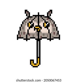 Pixel art kids' owl shape umbrella icon isolated on white background. Funny animal childrens' parasol. Rainy weather accessory. Vintage retro 80s, 90s 2d computer, video game, slot machine graphics.