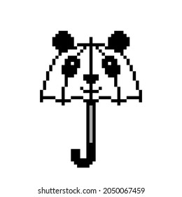 Pixel art kids' panda shape umbrella icon isolated on white background. Funny animal childrens' parasol. Rainy weather accessory. Vintage retro 80s, 90s 2d computer, video game, slot machine graphics.
