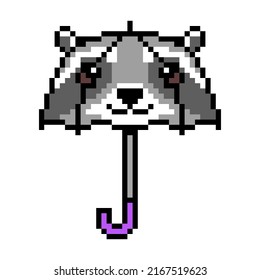 Pixel Art Kids' Raccoon Shape Umbrella Icon Isolated On White Background. Funny Animal Childrens' Parasol. Rainy Weather Accessory. Vintage Retro 80's-90's Slot Machine, 2d Video Game Graphics.