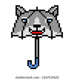 Pixel Art Kids' Wolf Shape Umbrella Icon Isolated On White Background. Funny Animal Childrens' Parasol. Rainy Weather Accessory. Vintage Retro 80's-90's Slot Machine, 2d Video Game Graphics.