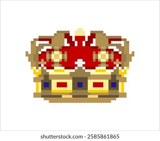 Pixel art of king crown. Pixelated crown icon for games design. 