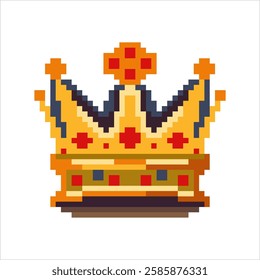 Pixel art of king crown. Pixelated crown icon for games design. 