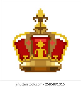 Pixel art of king crown. Pixelated crown icon for games design.