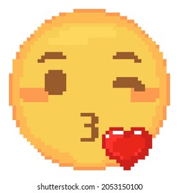 Pixel art kiss emoji. Retro pixel emoticon kissing flushed face with heart. Cute cartoon kawaii vector social media smile icon.