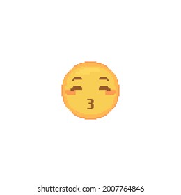 Pixel art Kissing Emoji face icon. Vector cute pixel Kiss emoticon. lovely Emoji in retro pixel 8 bit style. Romantic kissing emoji yellow face isolated icon.