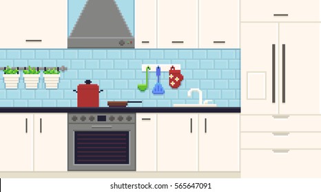 Pixel art kitchen interior with fridge, oven, sink, pot and pan