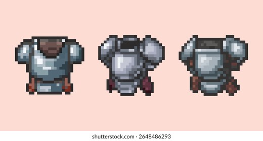 Pixel Art Knight Armor Set RPG Character Equipment. A collection of 8-bit style pixel art armor icons, showcasing a metal breastplate for a knight, warrior, or fantasy character.