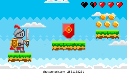 A pixel art knight holding a sword and shield is standing on a grassy platform against a blue sky, with floating coins, a shield power-up and hearts indicators. Ideal for retro gaming platformers