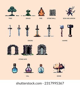 Pixel art knight with sword and shield. Medieval game elements. 8 bit fantasy Roleplaying game objects and sprites. RPG adventure videogame assets with hero, treasures,  vector illustration game art