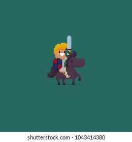 Pixel art knight with sword sitting sitting on horse