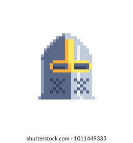 Pixel art. Knight's helmet. Stickers design. Video game sprite. Isolated vector illustration. 