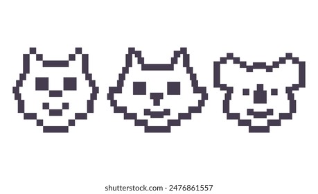 Pixel art Koala bear,fox,dog character.Retro vintage 80s.Video game graphics. Cute pixelated fox mammal.Animal Koala head icon pixel art style. Isolated on white background.