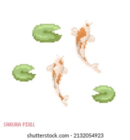 Pixel art koi fish carp icon. Vector 8 bit style illustration of japanese koi carp in pond. Japanese pair of carps decorative oriental elements of retro video game computer graphic.