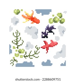 Icono de peces de Pixel art koi. Ilustración vectorial de 8 bits de estanque japonés de peces dorados. Elemento de naturaleza decorativa de la gráfica de videojuegos retro para activos de juego, sprite, sticker o web.