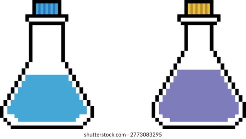 Pixel art laboratory flasks with colored liquid retro 8 bit chemistry icons isolated vector illustration set