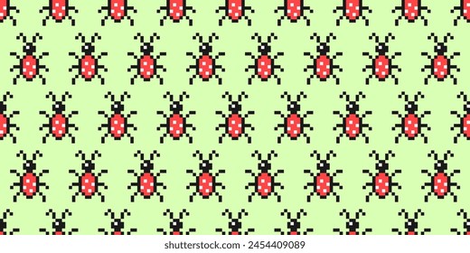 Pixel art with ladybug spring and summer seamless pattern, print, texture. Checkerboard