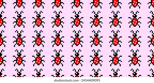 Pixel art with ladybug spring and summer seamless pattern, print, texture. In the grid