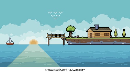 Pixel Art Lake House Wallpaper With Wooden Deck And Trees 8bit Background