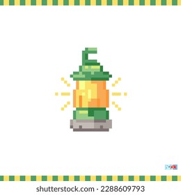 Pixel art lamp icon. Vector 8 bit style illustration of camp lamp or lantern. Cute decorative travel element of retro video game computer graphic for game asset, sprite, sticker or web.