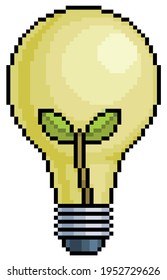 Pixel art lamp with plant, green energy and ecological icon for 8bit game on white background
