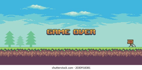 Pixel art landscape 8bit game. game over background with grass, trees and clouds
