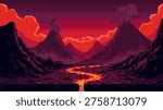 Pixel art landscape of erupting volcano with river of lava. Retro gaming background featuring mountains and hot magma flow. Digital illustration of volcanic eruption in darkness.