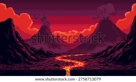 Pixel art landscape of erupting volcano with river of lava. Retro gaming background featuring mountains and hot magma flow. Digital illustration of volcanic eruption in darkness.